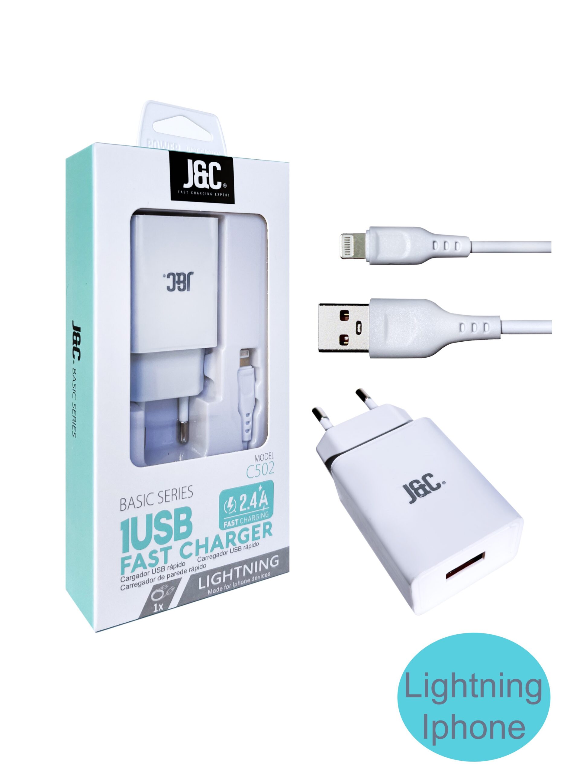 Cargador Iphone Carga Rápida 1 USB 2,4A Cable Lightning Iphone J&C