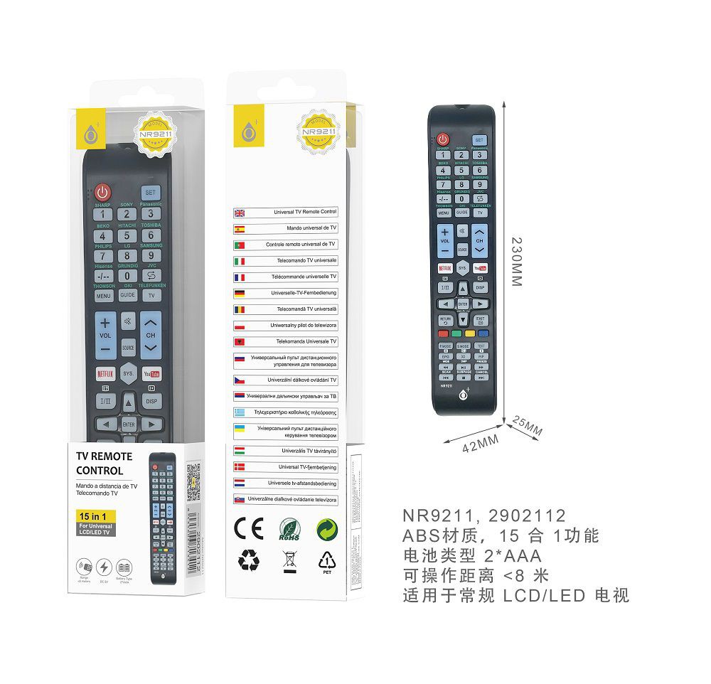 NR9211 NE Mando Universal a Distancia LCD/LED TV 15 EN 1 , Negro - JC  Accesorios
