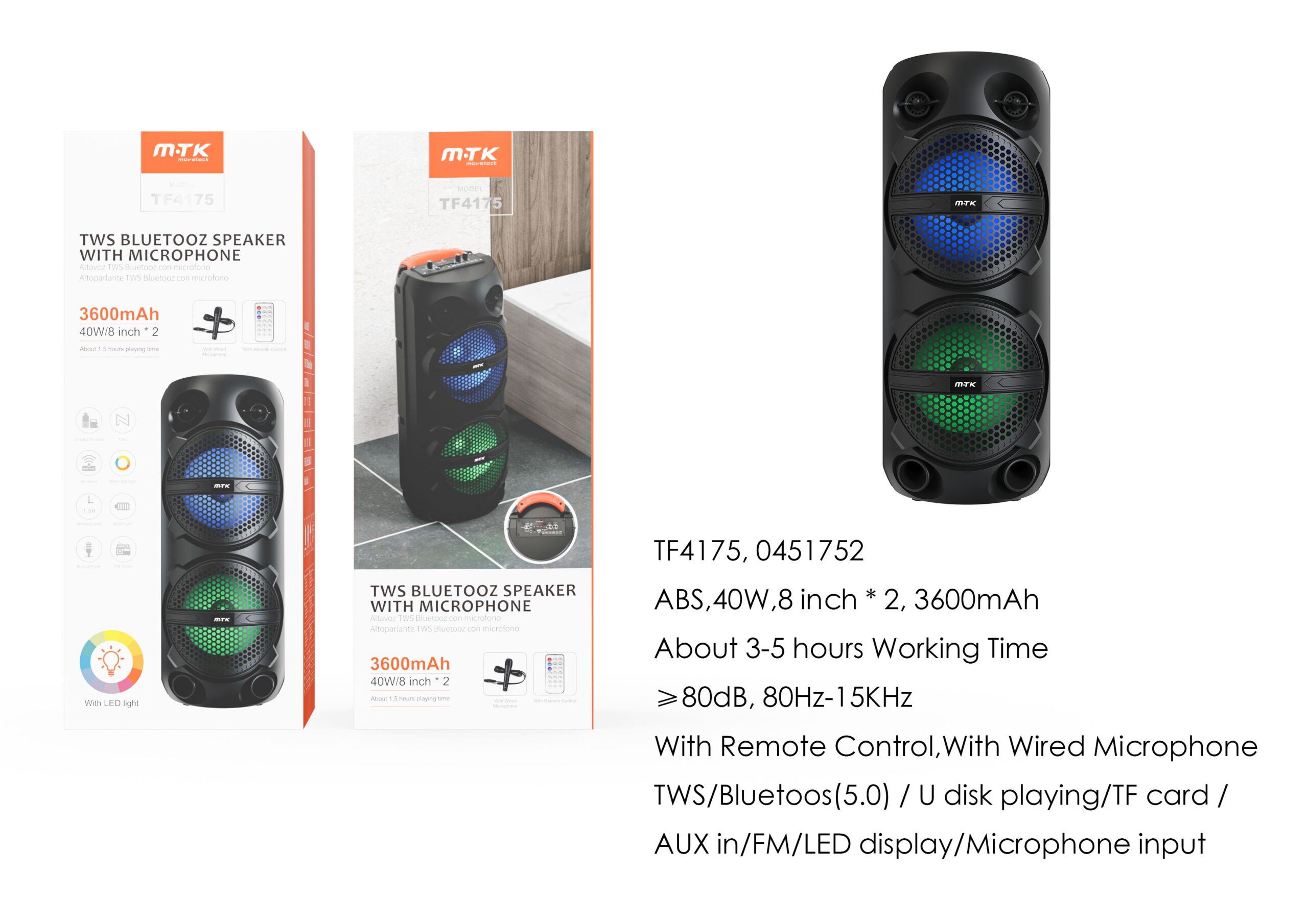 TF4175 NE Altavoz Bluetooth 5.0 Con Panel LED de indicador , Soporta  Entrada de Microfono(Incluido Microfono con cable )/USB/TF/FM, Frecuencia  80-15KHz, Bateria 3600mAh/8*2Pulgadas(Total 40w), Negro - JC Accesorios